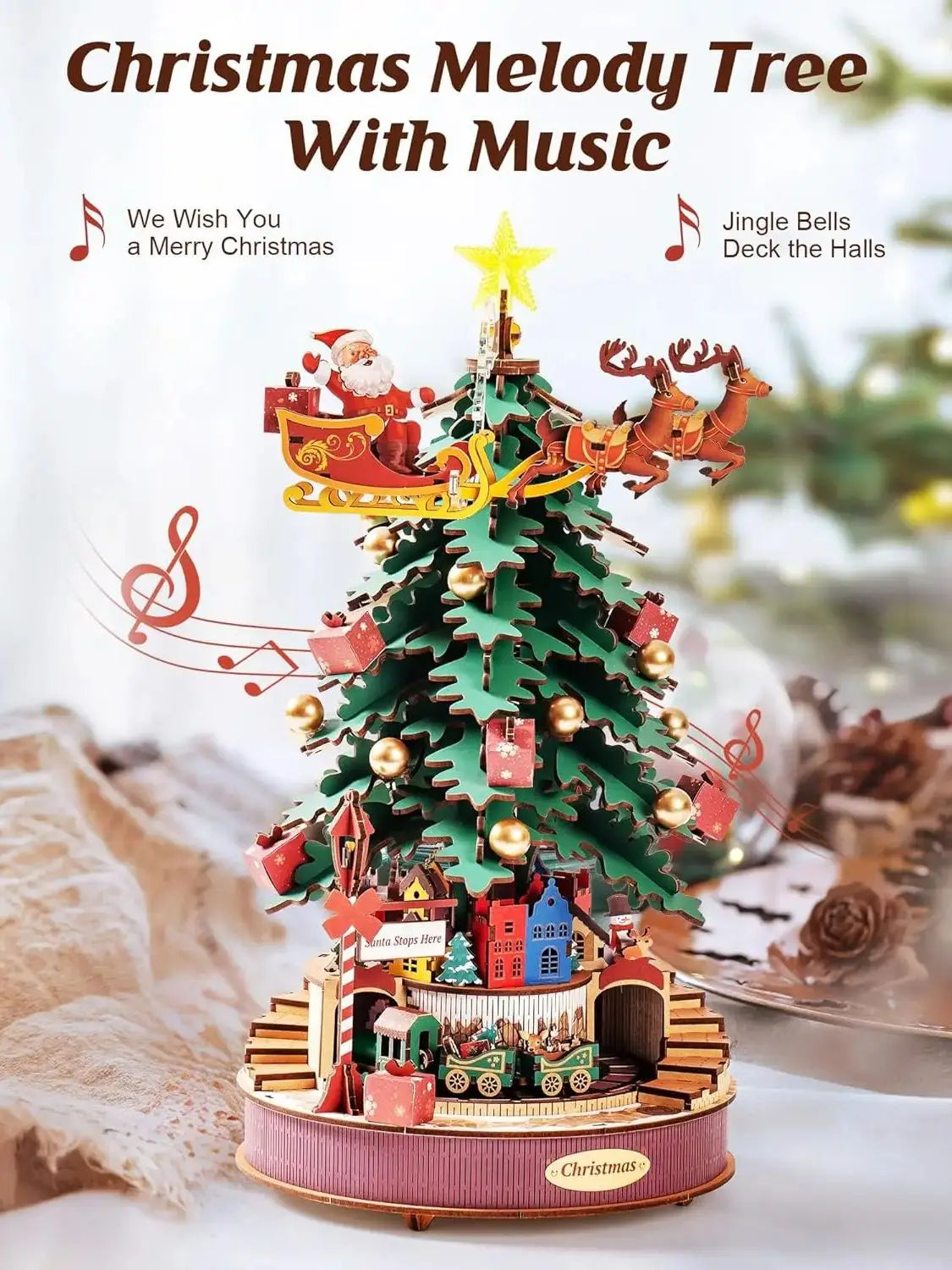 Rolife DIY Music Box Mechanical Model Building Kit Christmas Melody Tree 3D Puzzle Toy Craft Kit with LED Light for Home Decor Xmas Gift for Adults Friends