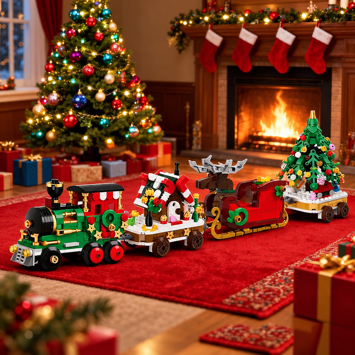 Christmas train building set displayed beside a decorated tree and fireplace