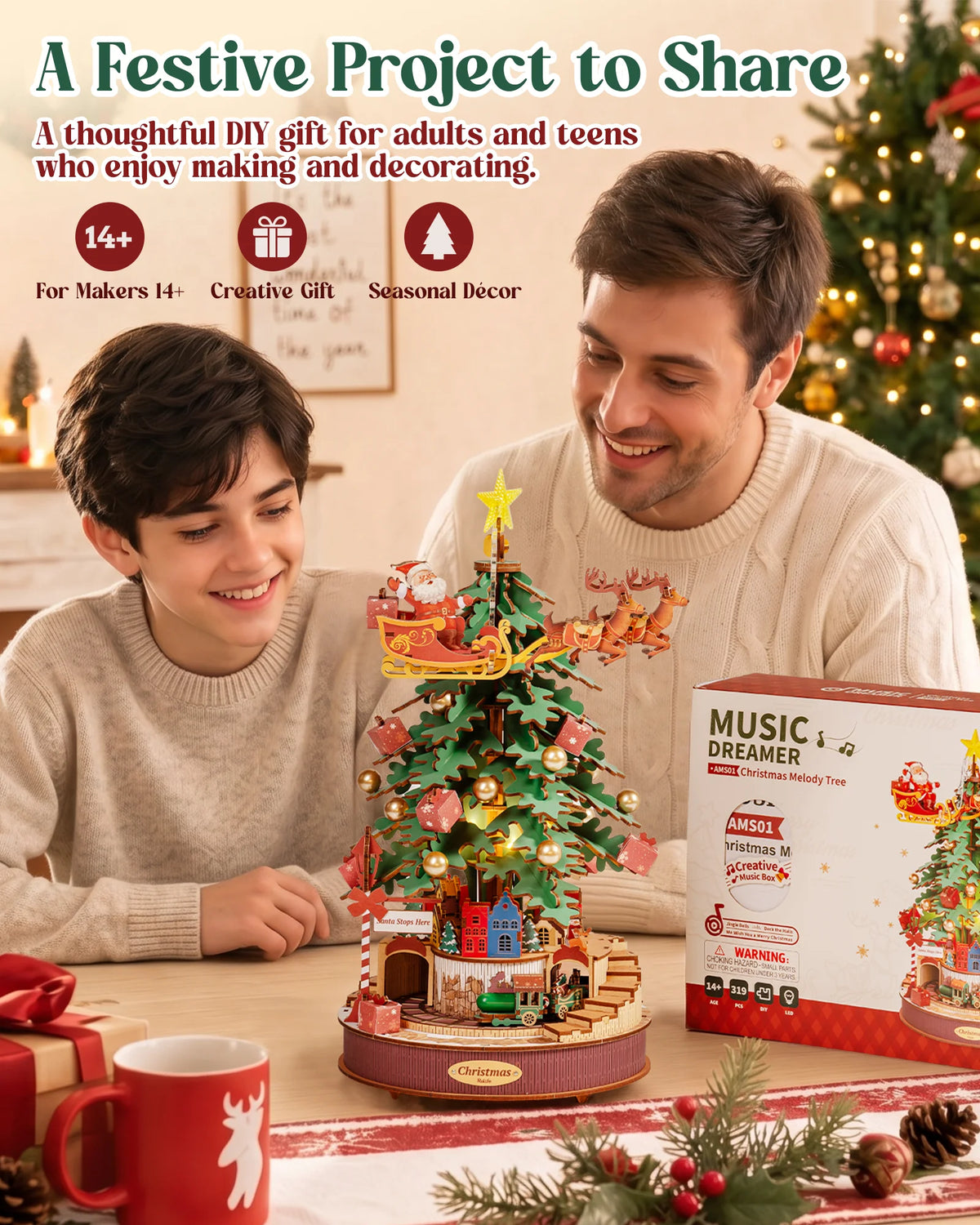 Rolife DIY Music Box Mechanical Model Building Kit Christmas Melody Tree 3D Puzzle Toy Craft Kit with LED Light for Home Decor Xmas Gift for Adults Friends