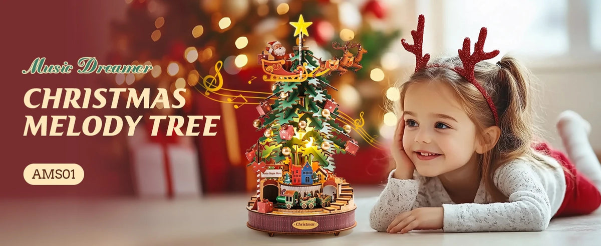 Rolife DIY Music Box Mechanical Model Building Kit Christmas Melody Tree 3D Puzzle Toy Craft Kit with LED Light for Home Decor Xmas Gift for Adults Friends