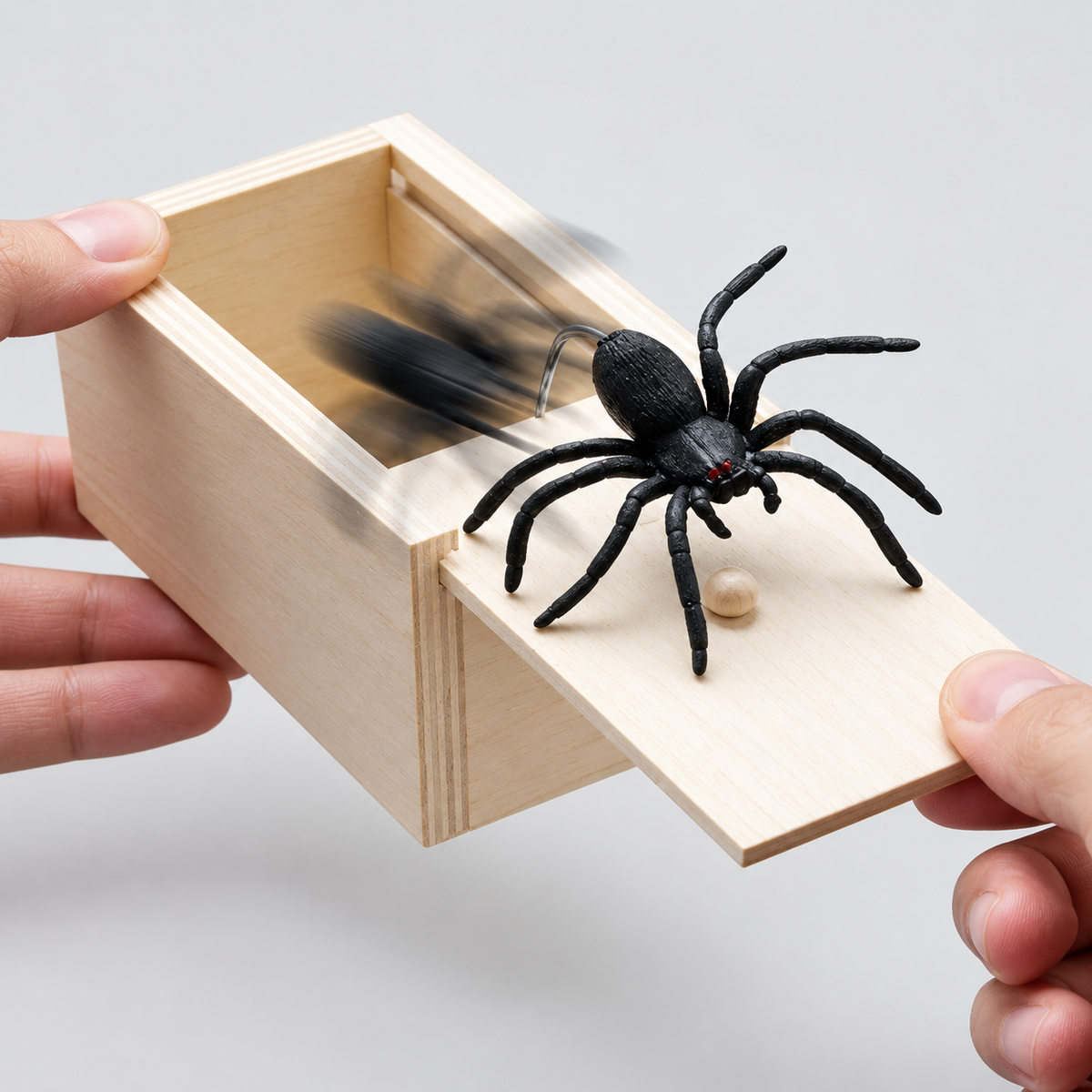 Hands opening a wooden Halloween prank box as a black spider springs out