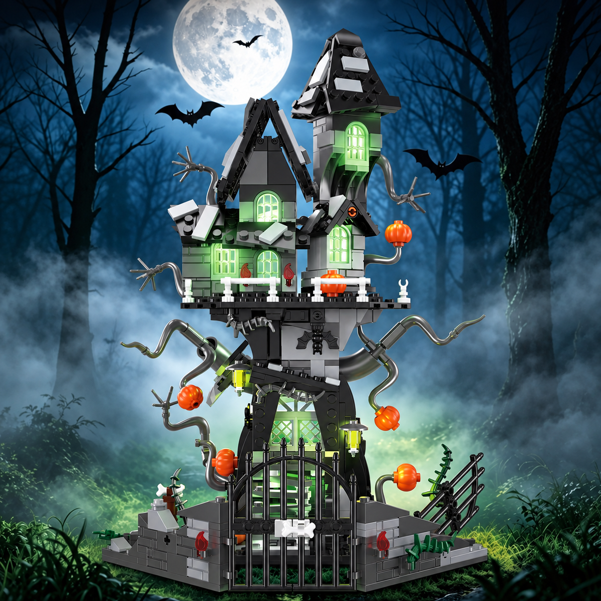 Haunted castle building set glowing green in a moonlit forest