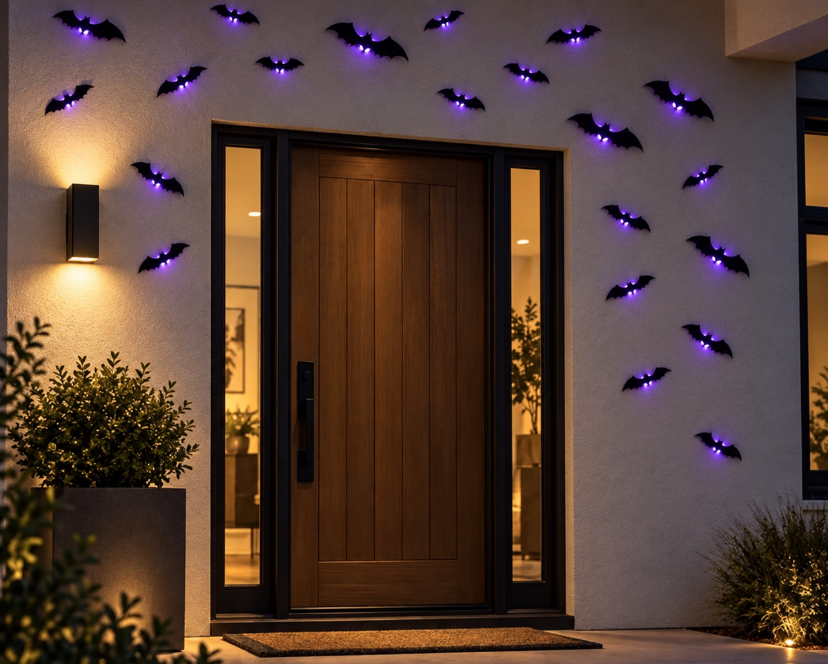 Purple LED Halloween bat decorations arranged around a modern front porch at night